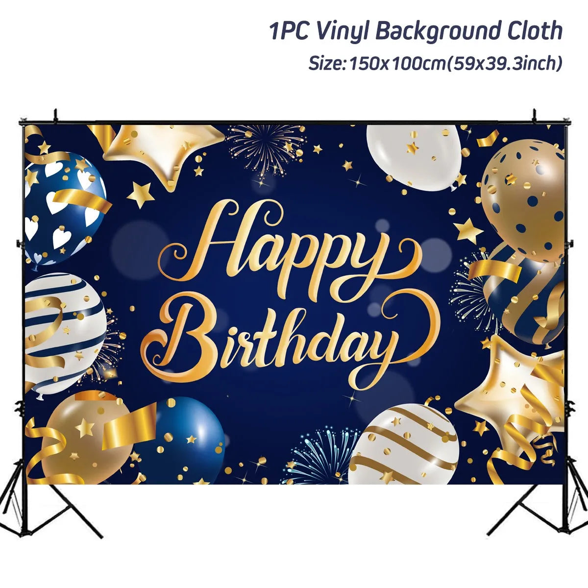 Rynx | Gold Glitter Happy Birthday Party Backdrop - Black Adult Theme Photo Decoration, DIY Backdrops for Party Supplies