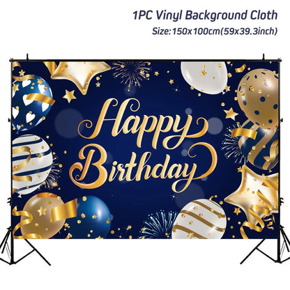 Rynx | Gold Glitter Happy Birthday Party Backdrop - Black Adult Theme Photo Decoration, DIY Backdrops for Party Supplies