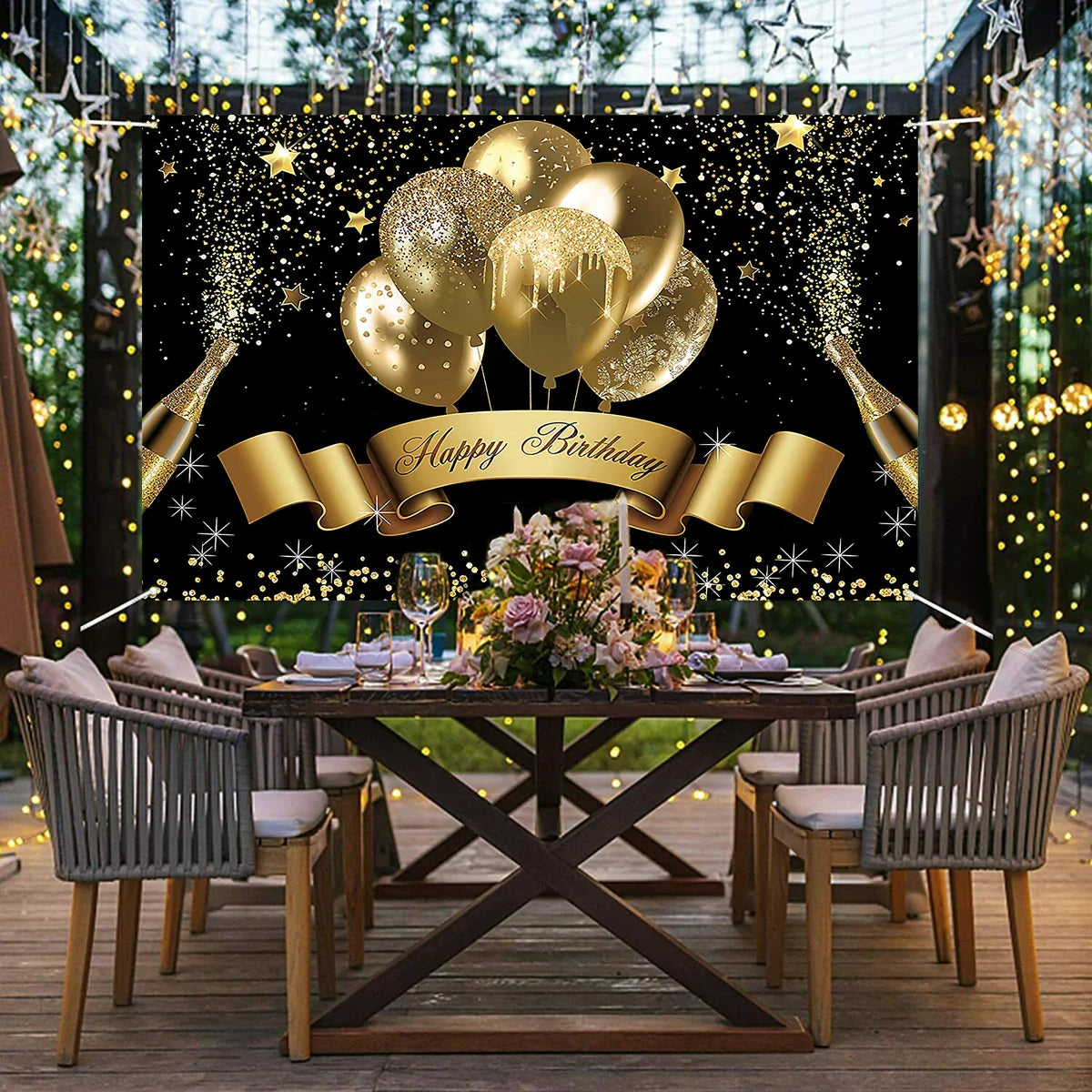 Rynx | Gold Glitter Happy Birthday Party Backdrop - Black Adult Theme Photo Decoration, DIY Backdrops for Party Supplies