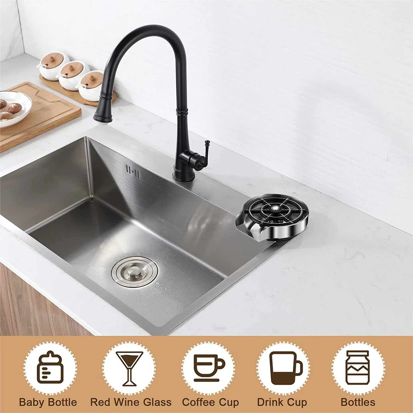 Rynx | Stainless Steel Kitchen Sink Glass Rinser - Faucet Glass Rinser and Bottle Washer for Kitchen Sinks - Essential Kitchen Sink Accessories