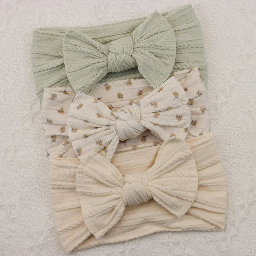 Rynx | 3Pcs Baby Headband Set: Knit Bows, Elastic Nylon Turban