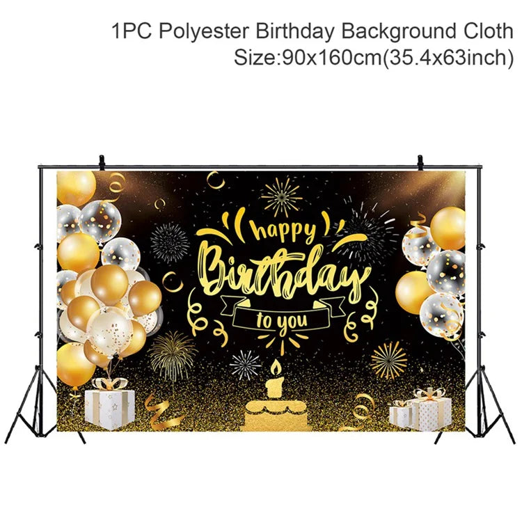 Rynx | Gold Glitter Happy Birthday Party Backdrop - Black Adult Theme Photo Decoration, DIY Backdrops for Party Supplies
