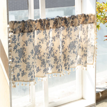 Rynx Cotton-Linen Blue Retro Orchid Curtains Floral Tassels for Kitchen Bedroom Living Room Bay Window Closet Curtain
