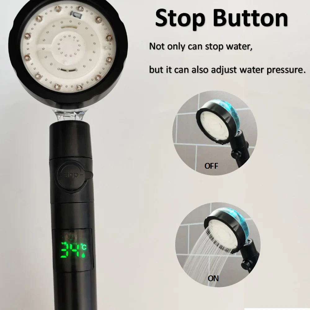 Rynx | LED Digital Temperature Display Shower Head | Black with Colorful Fan & Temperature Control | High Pressure Rainfall Bathroom Showerhead