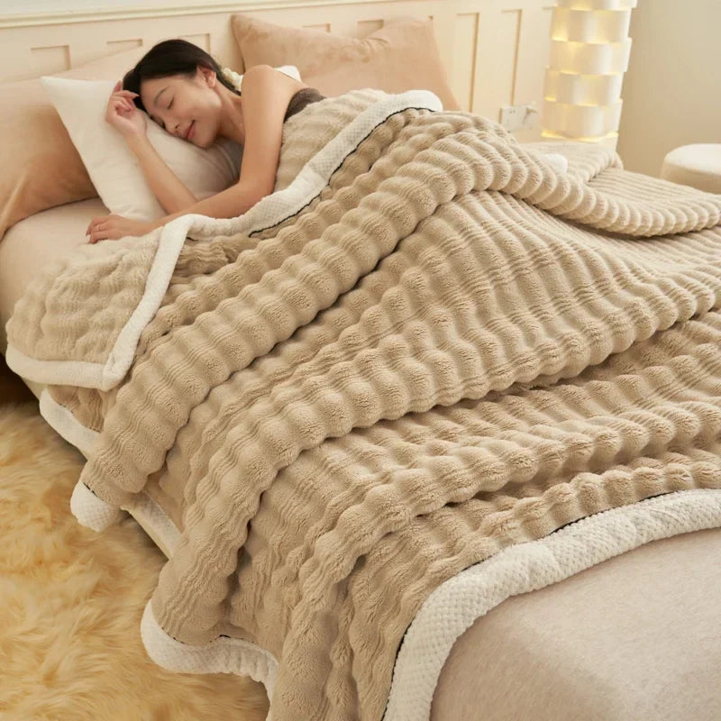 Rynx Imitation Rabbit Plush Autumn Winter Warm Blanket Striped Fluffy Warmth Sofa Blankets Soft Absorbent Breathable Nap Blanket