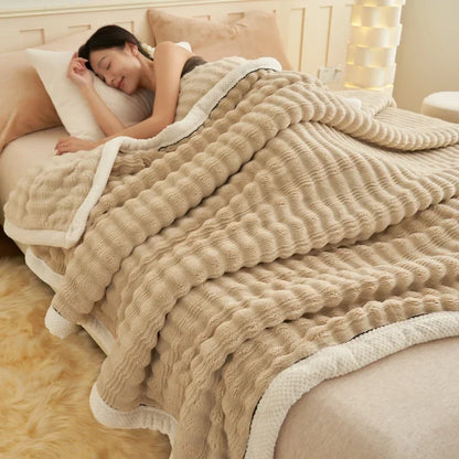 Rynx Imitation Rabbit Plush Autumn Winter Warm Blanket Striped Fluffy Warmth Sofa Blankets Soft Absorbent Breathable Nap Blanket