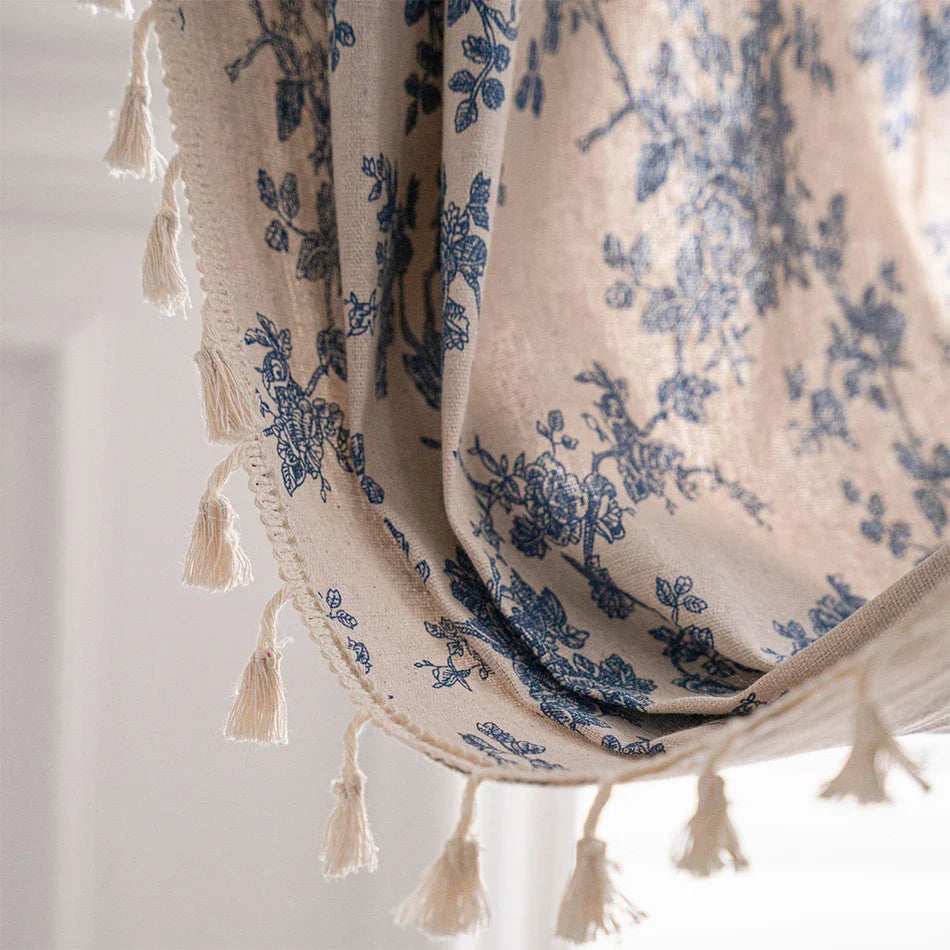 Rynx Cotton-Linen Blue Retro Orchid Curtains Floral Tassels for Kitchen Bedroom Living Room Bay Window Closet Curtain