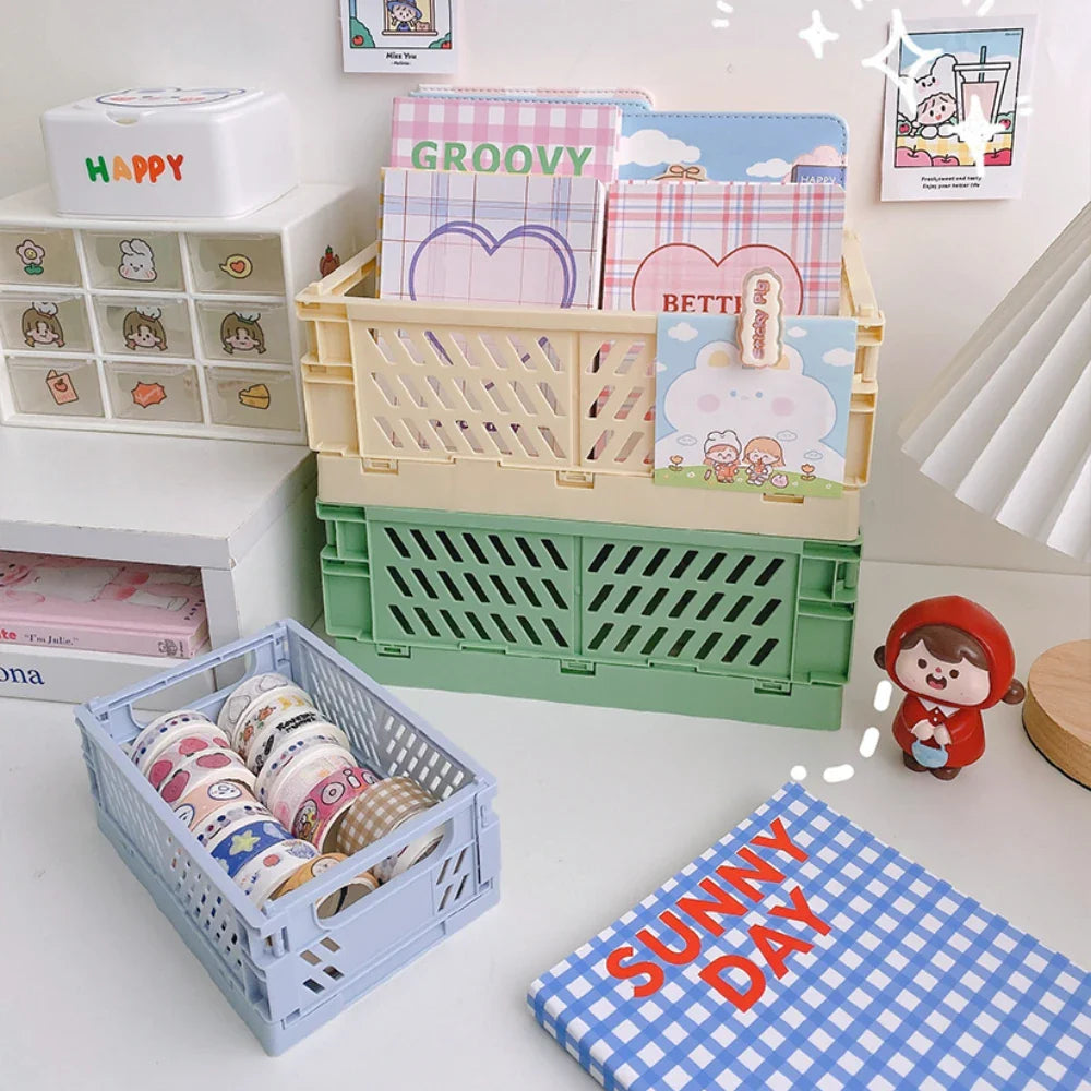Rynx | In-Desk Storage Baskets Foldable Makeup Stationery Storage Organizer Rack Cute Desk Foldable Mini Plastic Collapsible Basket