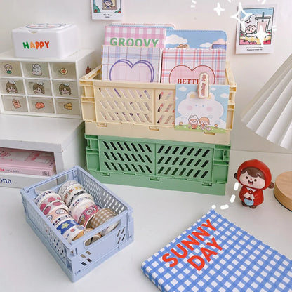 Rynx | In-Desk Storage Baskets Foldable Makeup Stationery Storage Organizer Rack Cute Desk Foldable Mini Plastic Collapsible Basket