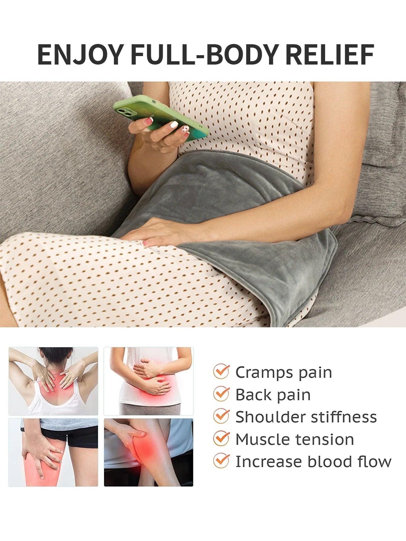 Rynx | Grey Mini Heated Blanket with USB 5V Electric Heating Pad - 19.6x11.8 Inch, Long 59 Inch Cable for Cramps & Back Pain Relief