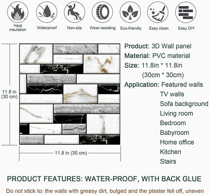 Rynx | Self-Adhesive Tile Wall Sticker | 3D PVC Covers for Kitchen Cupboard Bathroom | Waterproof Home Decor Wallpaper
