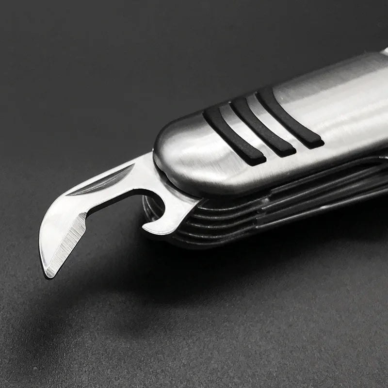 Rynx | Portable 11 in 1 Multifunction Pocket Knife - Stainless Steel Outdoor Emergency Tool with Bottle Opener and Cork Drill