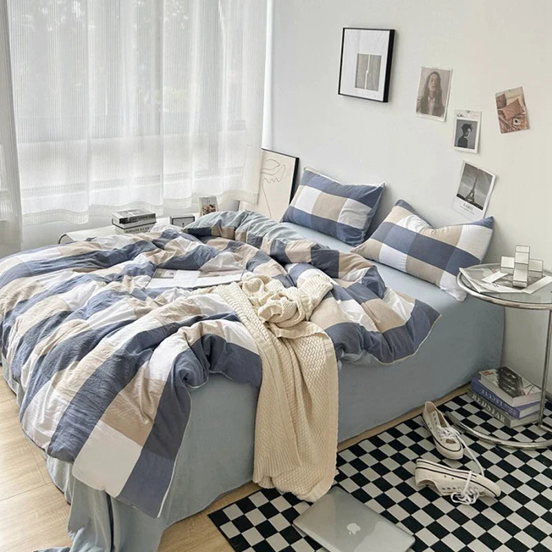 Rynx | Striped Plaid Series Bedding Comforter Sets Duvet Cover Sheet Set with Pillowcase Bedding Set for Queens/King Bed