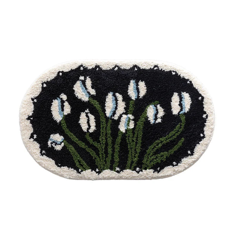 Rynx | Oval Tufting Tulip Bathroom Mat Soft Black White Bathroom Door Mat Plush Rug Bedroom Area Rug Floor Safety Mat Living Room Decor