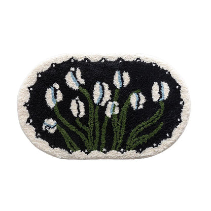 Rynx | Oval Tufting Tulip Bathroom Mat Soft Black White Bathroom Door Mat Plush Rug Bedroom Area Rug Floor Safety Mat Living Room Decor