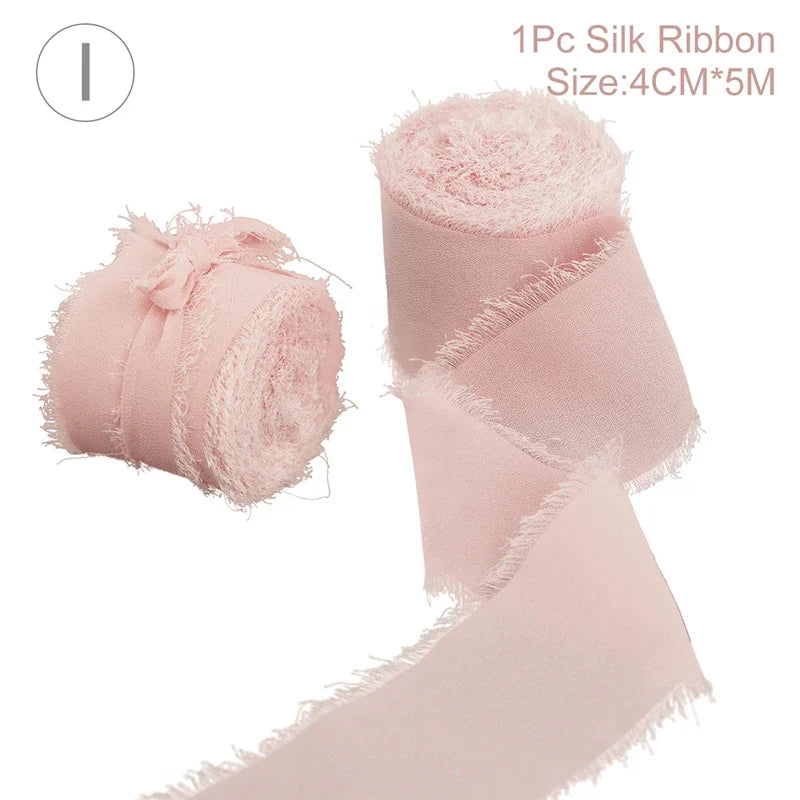 Rynx | 5M Handmade Frayed Edged Satin Chiffon Silk Ribbon - For Wedding Invitations, Bouquets, Birthday Party Decorations, and Gifts