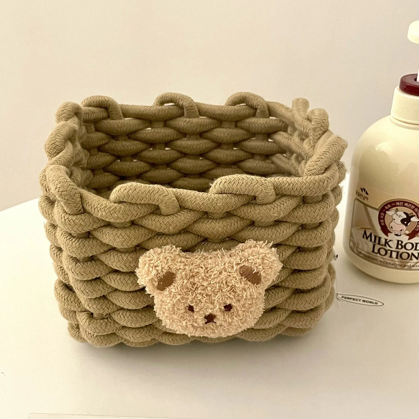 Rynx | Into Kawai Desktop Storage Basket Korea Bear Cotton Linen Woven Basket Cute Cosmetic Make-up Small Items Storage Basket Organizer Box