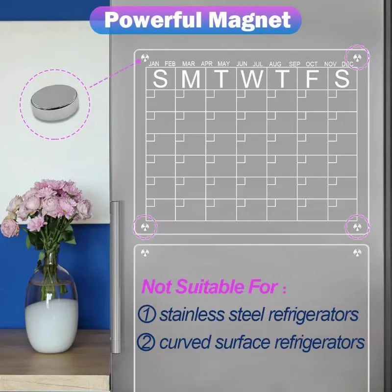 Rynx | Reusable Magnetic Dry Erase Fridge Calendar Board - Transparent Acrylic Fridge Magnet Sticker Planner for Schedules, Messages, and Menus