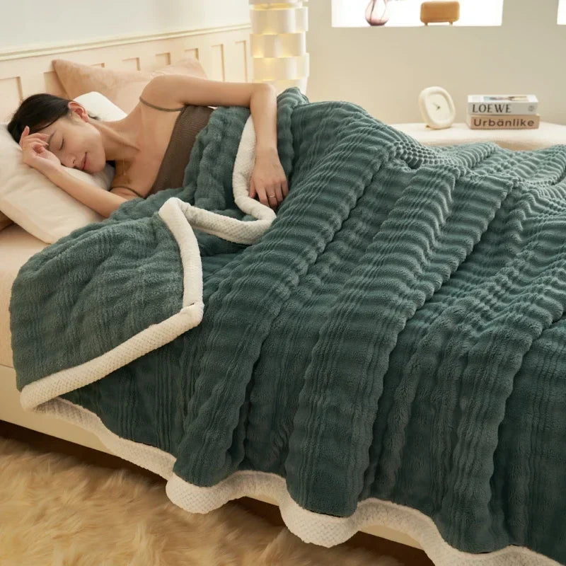Rynx Imitation Rabbit Plush Autumn Winter Warm Blanket Striped Fluffy Warmth Sofa Blankets Soft Absorbent Breathable Nap Blanket