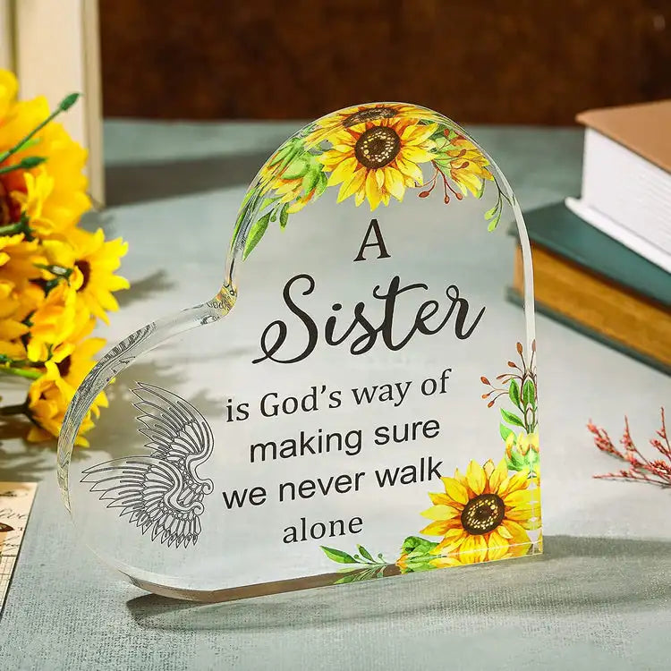 Rynx | Bestie Sister Rose Print Crystal Acrylic Heart Plaque Memorial Birthday Gift for Family Member Good Friend Souvenir Table Decor