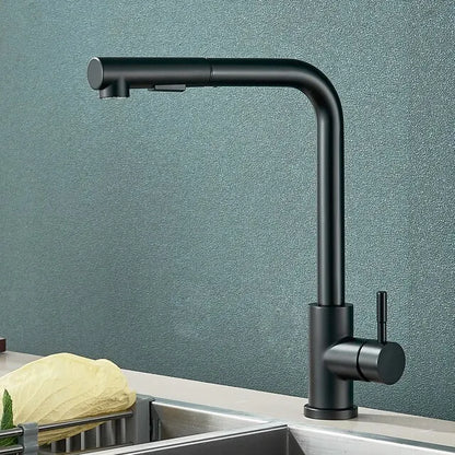 Rynx | Black Pull Out Kitchen Sink Faucet - Flexible 2 Modes Stream & Sprayer Nozzle, Stainless Steel Hot Cold Water Mixer Tap Deck