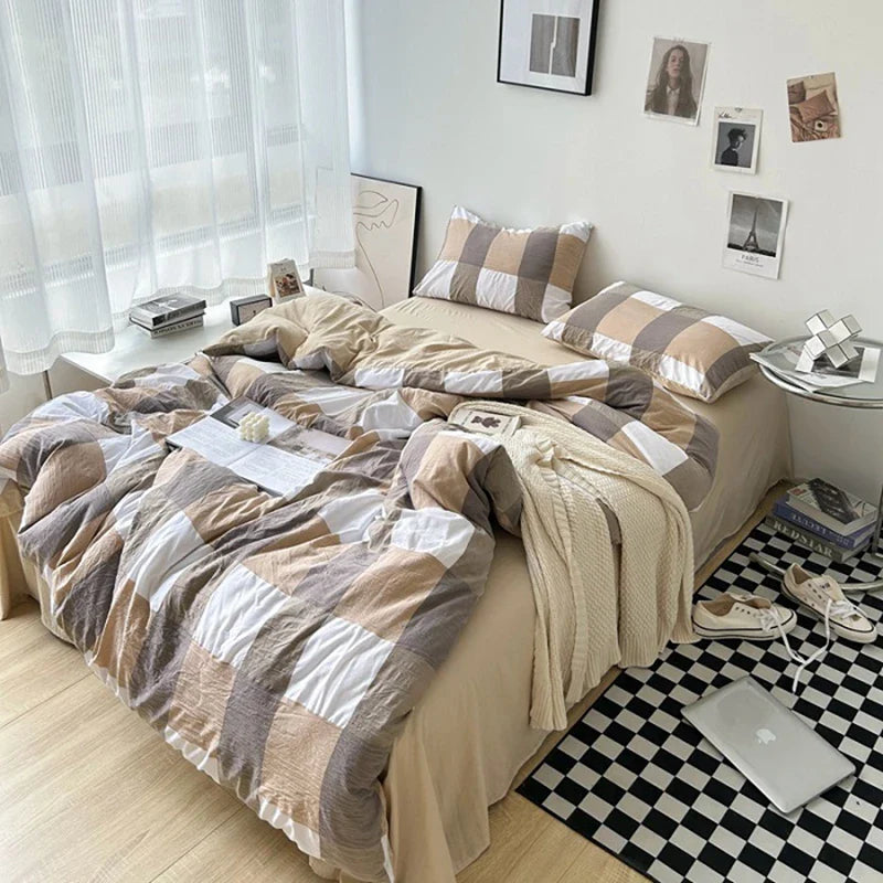 Rynx | Striped Plaid Series Bedding Comforter Sets Duvet Cover Sheet Set with Pillowcase Bedding Set for Queens/King Bed