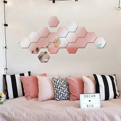 Rynx | 12PCS Geometric Solid Hexagonal Mirror Wall Stickers - DIY with Built-in Adhesive, Removable Home Decoration