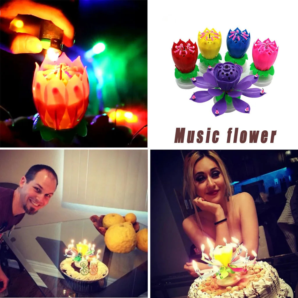 Rynx | Lotus Music Candle - Double Flower Blossom Birthday Cake Rotating Electronic Candle