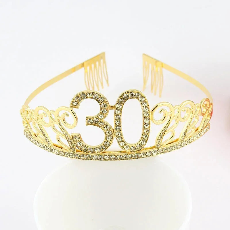 Rynx | Gold Crystal Birthday Tiara Crown for Women – 30th, 40th, 50th, 60th Party Decoration and Cake Topper