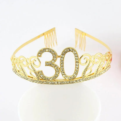 Rynx | Gold Crystal Birthday Tiara Crown for Women – 30th, 40th, 50th, 60th Party Decoration and Cake Topper