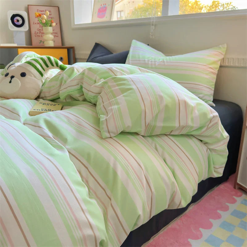 Rynx | INS Stripes Bedding Comforter Set Pillowcase Bed Sheet Twin Full Size Bedding Duvet Set Queen/King Double Twin