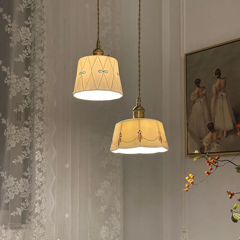 Rynx | Japanese retro ceiling lamp made of embellished brass, printed ceramic