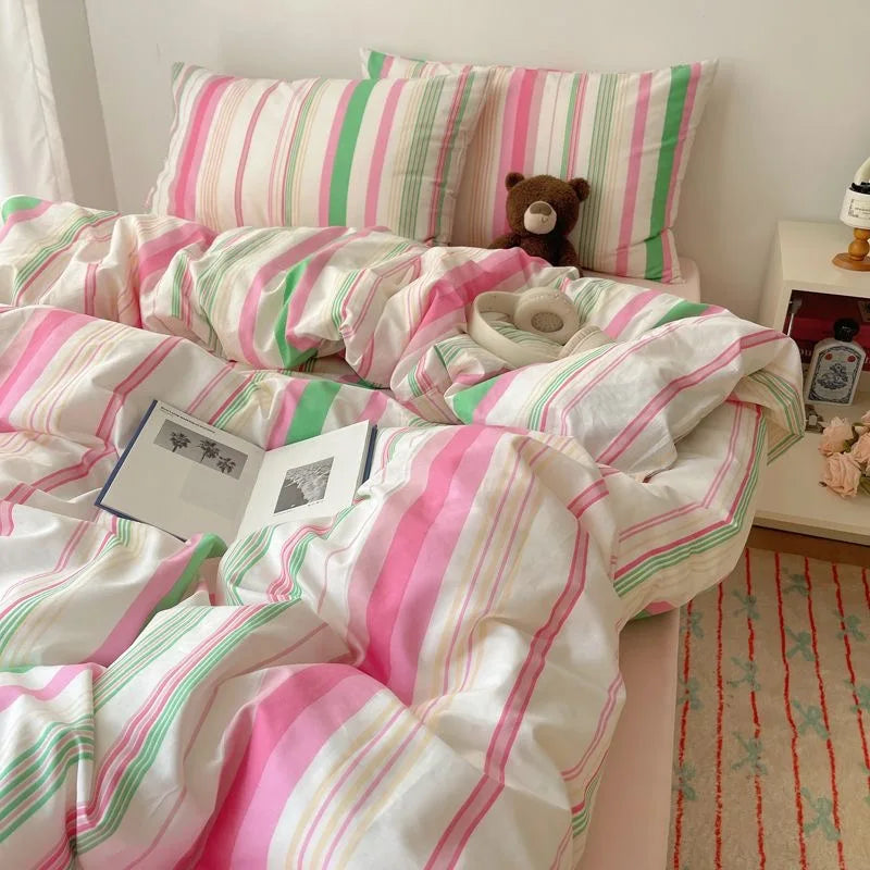 Rynx | Korean bedding set INS girl striped soft washed cotton sheet set queen king size duvet set pillowcases bedding