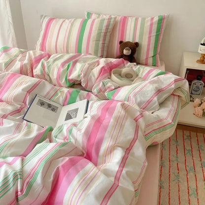 Rynx | Korean bedding set INS girl striped soft washed cotton sheet set queen king size duvet set pillowcases bedding