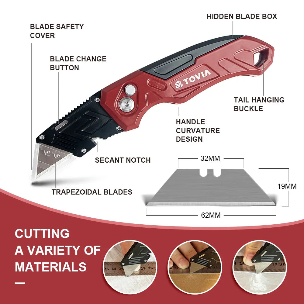 Rynx | T TOVIA Folding Utility Knife - Replaceable Cutter for Cable, Cartons, and Cardboard Boxes, Outdoor Hand Tool with Handle Blades