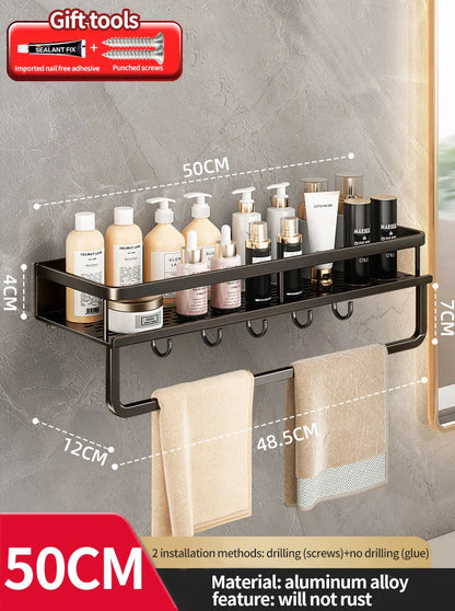 Rynx | Punch-Free Bathroom Rack – Aluminum Space-Saving Shelf – No Drill Hanging Organizer – Wall-Mounted Toilet Shelf for Efficient Bathroom Storage
