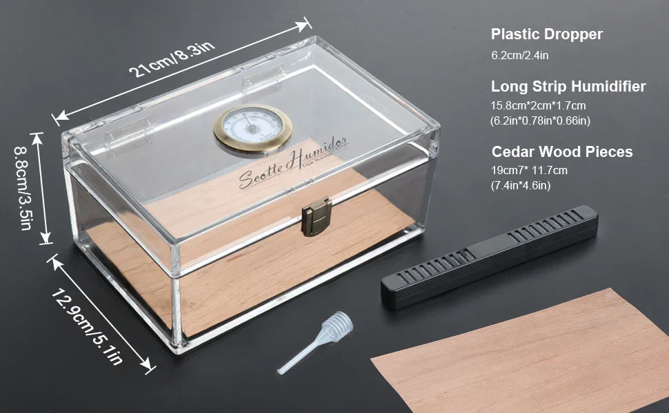 Rynx | Scotte Acrylic Cigar Case Humidor – Holds 20 Cigars, Includes Hygrometer, Humidifier, Cigar Cutters, Punch & Accessories