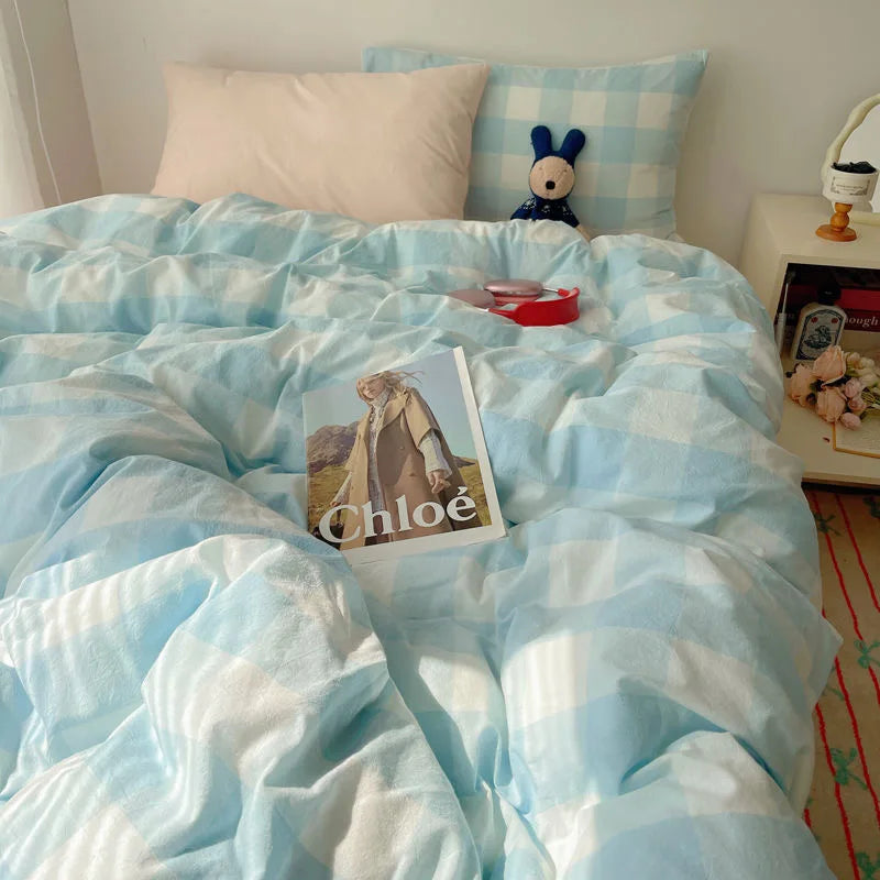 Rynx | Korean bedding set INS girl striped soft washed cotton sheet set queen king size duvet set pillowcases bedding
