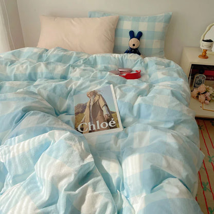 Rynx | Korean bedding set INS girl striped soft washed cotton sheet set queen king size duvet set pillowcases bedding