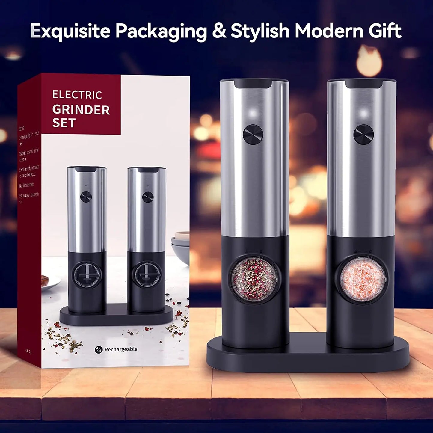 Rynx | USB Rechargeable Electric Salt and Pepper Grinder: Adjustable Coarseness, Refillable Mill - Battery Powered Kitchen Gadget