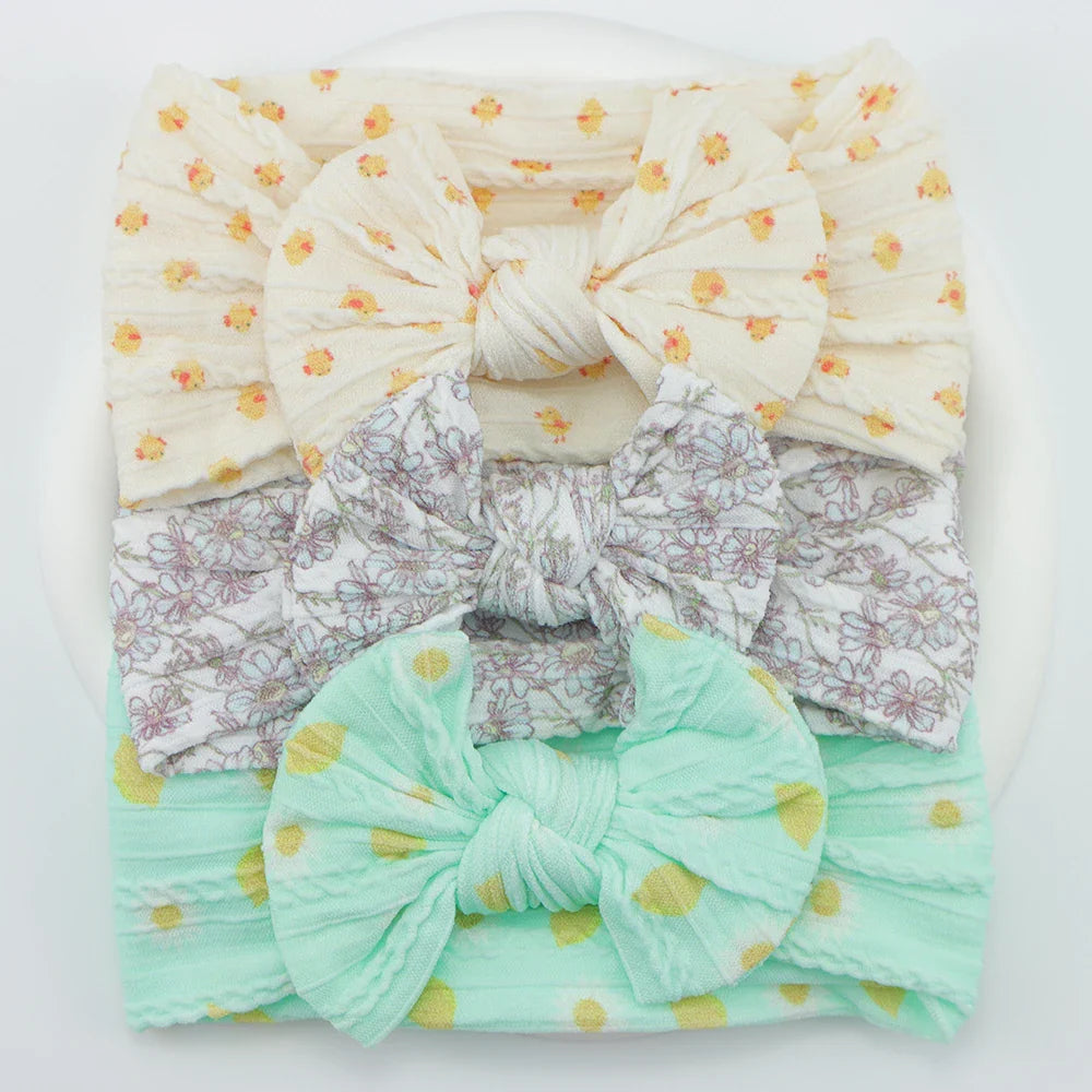 Rynx | 3Pcs Baby Headband Set: Knit Bows, Elastic Nylon Turban