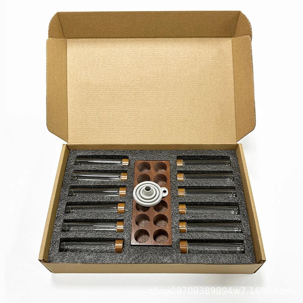 Rynx | Stylish Walnut Base Coffee Bean Display Organizer with Elegant Glass Tubes