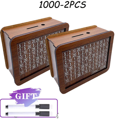 Rynx | Reusable Wooden Piggy Bank - Euro Money Box in 1000/2000/3000/5000 Sizes with Saving Goals and Number Boxes