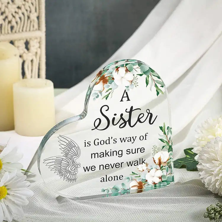 Rynx | Bestie Sister Rose Print Crystal Acrylic Heart Plaque Memorial Birthday Gift for Family Member Good Friend Souvenir Table Decor