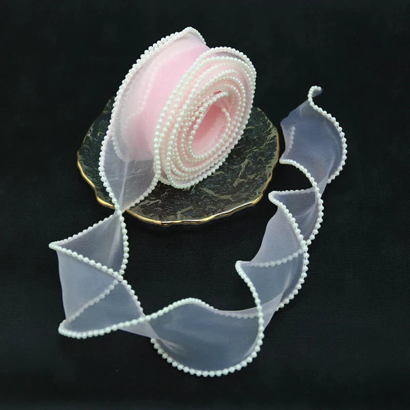 Rynx | (5 Yards/Roll) 4 cm Pearl Edge Organza Ribbon Wave Silk Lace Children Hair Accessories Lolita Handmade Decorative Gift Box Wedding