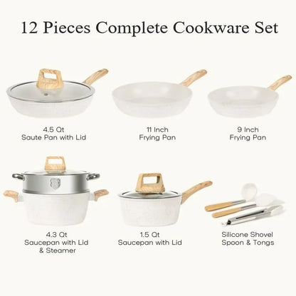 Rynx | SODAY 12 Piece Granite Nonstick Cookware Set - Induction Compatible Kitchen Pots and Pans