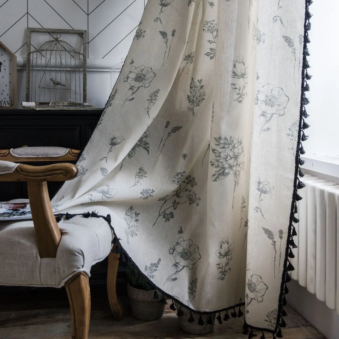 Rynx Cotton-Linen Blue Retro Orchid Curtains Floral Tassels for Kitchen Bedroom Living Room Bay Window Closet Curtain