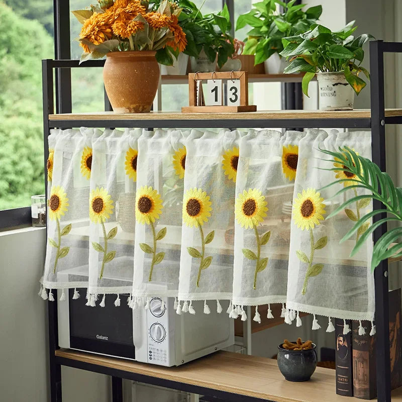 Rynx | Cotton Fashion Daisy Short Curtains Road Pocket Shade Flowers Tassel For Kitchen Bedroom Living Room Bay Window Cabinet Curtain