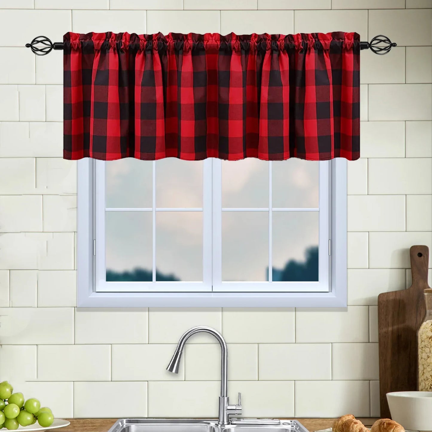Rynx | Checked Plaid Window Valances Red and Black Farmhouse Design Window Treatment Decor Curtains Rod Pocket Valances for Kitchen