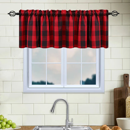 Rynx | Checked Plaid Window Valances Red and Black Farmhouse Design Window Treatment Decor Curtains Rod Pocket Valances for Kitchen